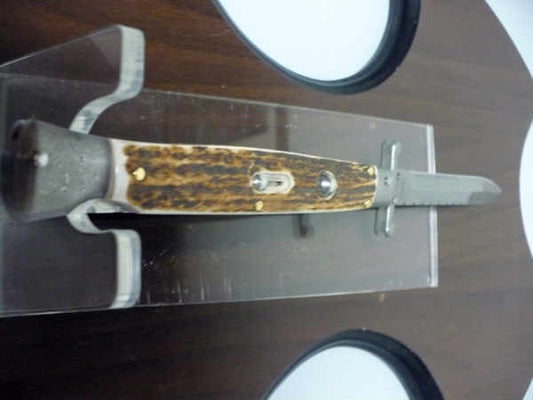 Classic swinguard - italian stiletto, coltello a scatto, 28cm - AKC World , lama damasco-dagger, corno di cervo / deer horn