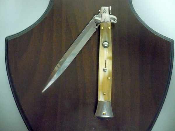 Frank Beltrame - italian stiletto, coltello a scatto, 28 cm -bufalo chiaro, lama baionetta FB 28/48B- 4
