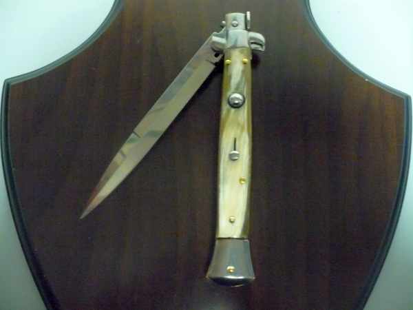 Frank Beltrame - italian stiletto, coltello a scatto, 28 cm -bufalo chiaro, lama baionetta FB 28/48B- 3