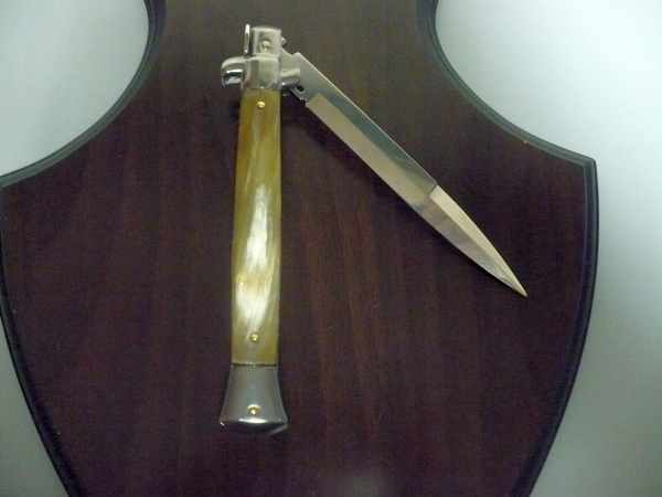 Frank Beltrame - italian stiletto, coltello a scatto, 28 cm -bufalo chiaro, lama baionetta FB 28/48B- 4