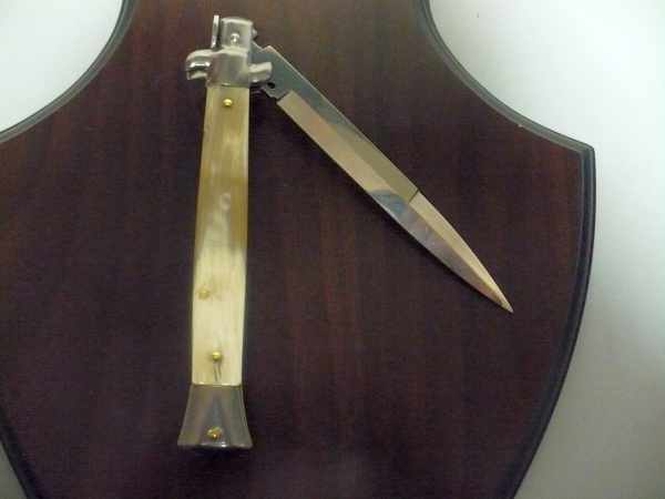 Frank Beltrame - italian stiletto, coltello a scatto, 28 cm -bufalo chiaro, lama baionetta FB 28/48B- 3