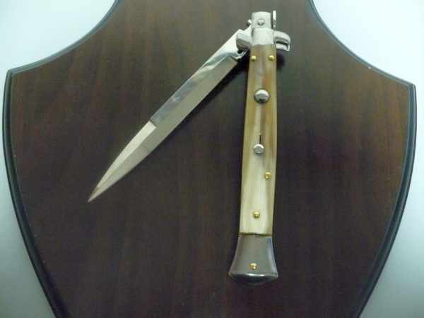 Frank Beltrame - italian stiletto, coltello a scatto, 28cm -bufalo chiaro, lama baionetta FB 28/48B- 2