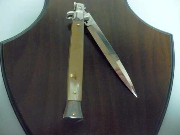 Frank Beltrame - italian stiletto, coltello a scatto, 28cm -bufalo chiaro, lama baionetta FB 28/48B- 2