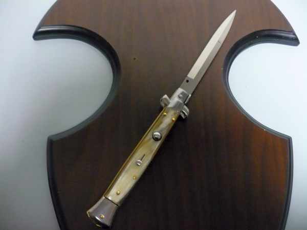 Frank Beltrame - italian stiletto, coltello a scatto, 28 cm -bufalo chiaro, lama baionetta FB 28/48B- 3