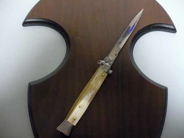 Frank Beltrame - italian stiletto, coltello a scatto, 28 cm -bufalo chiaro, lama baionetta FB 28/48B- 3
