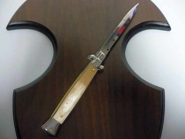 Frank Beltrame - italian stiletto, coltello a scatto, 28 cm -bufalo chiaro, lama baionetta FB 28/48B- 5