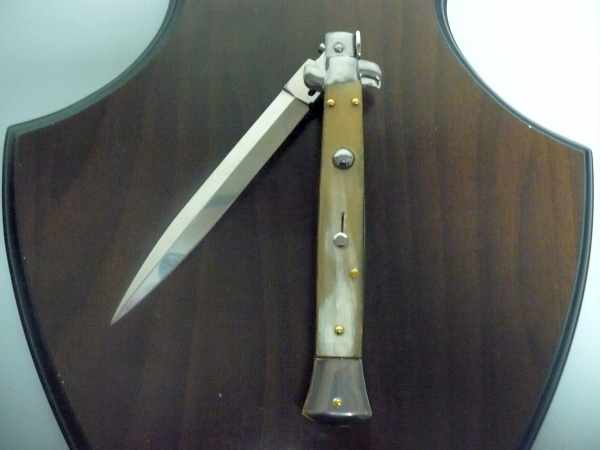 Frank Beltrame - italian stiletto, coltello a scatto, 28 cm -bufalo chiaro, lama dagger FB 28/48D- 8