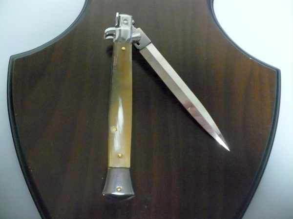 Frank Beltrame - italian stiletto, coltello a scatto, 28 cm -bufalo chiaro, lama dagger FB 28/48D- 7