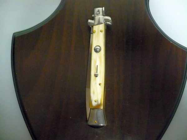 Frank Beltrame - italian stiletto, coltello a scatto, 28 cm -bufalo chiaro, lama dagger FB 28/48D- 7