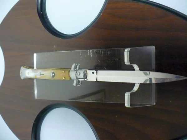Frank Beltrame - italian stiletto, coltello a scatto, 28 cm -bufalo chiaro, lama dagger FB 28/48D- 8