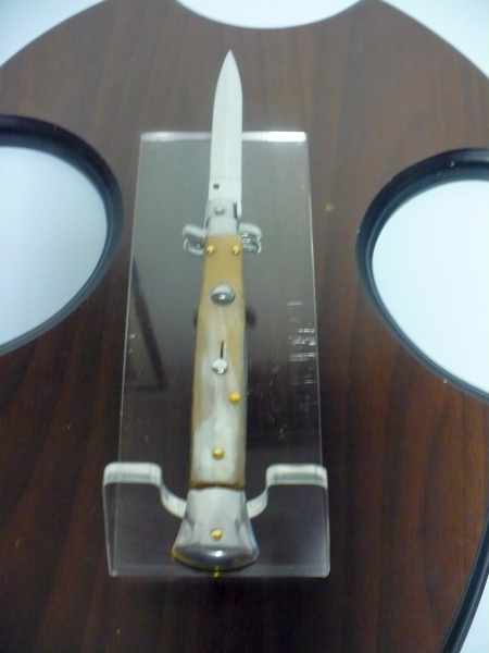 Frank Beltrame - italian stiletto, coltello a scatto, 28 cm -bufalo chiaro, lama dagger FB 28/48D- 8