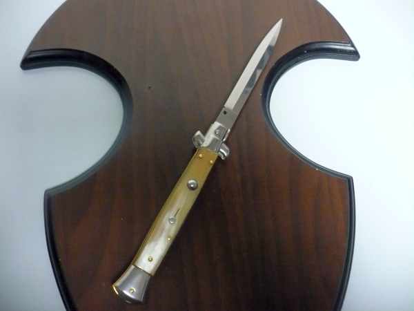 Frank Beltrame - italian stiletto, coltello a scatto, 28 cm -bufalo chiaro, lama dagger FB 28/48D- 8