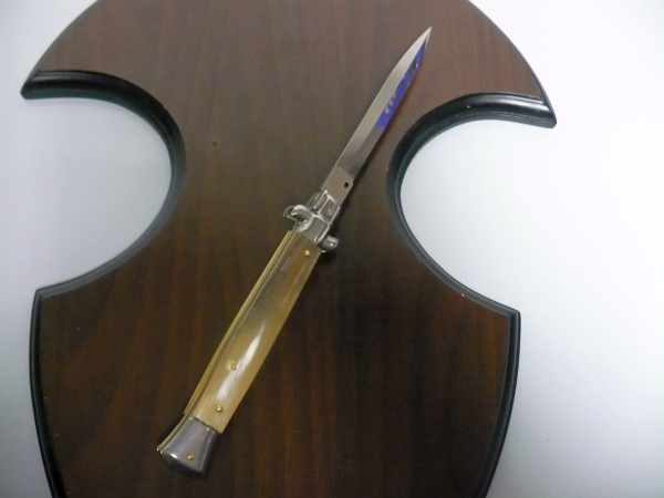 Frank Beltrame - italian stiletto, coltello a scatto, 28 cm -bufalo chiaro, lama dagger FB 28/48D- 7