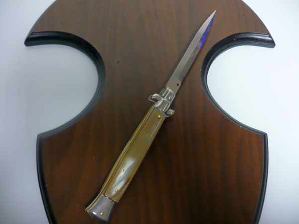 Frank Beltrame - italian stiletto, coltello a scatto, 28 cm -bufalo chiaro, lama dagger FB 28/48D- 8