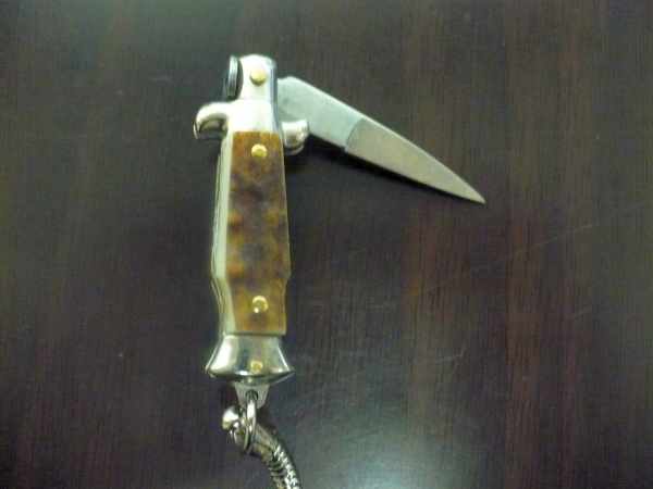 Mini coltello a scatto, italian stiletto - 7 cm corno di cervo / deer horn - lama classica, pugnale artigianale Maniago Italia