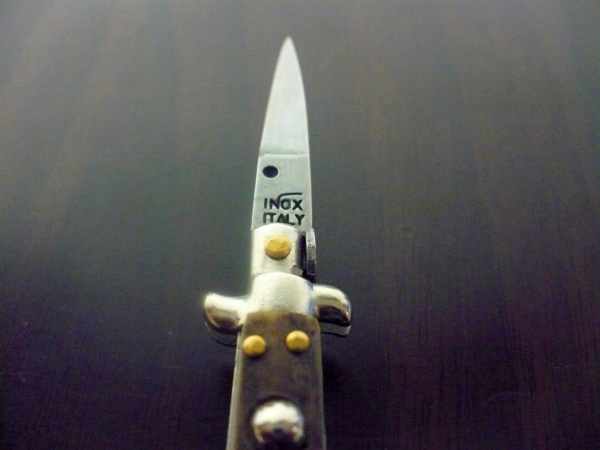 Mini coltello a scatto, italian stiletto - 7 cm corno di cervo / deer horn - lama classica, pugnale artigianale Maniago Italia