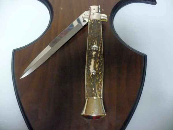 Coltello a scatto - pugnale picklock -A.G.A.Campolin - italian stiletto 38 cm , baionetta - corno di cervo / deer horn - 1