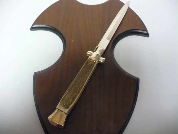 Coltello a scatto - pugnale picklock -A.G.A.Campolin - italian stiletto 38 cm , baionetta - corno di cervo / deer horn - 1