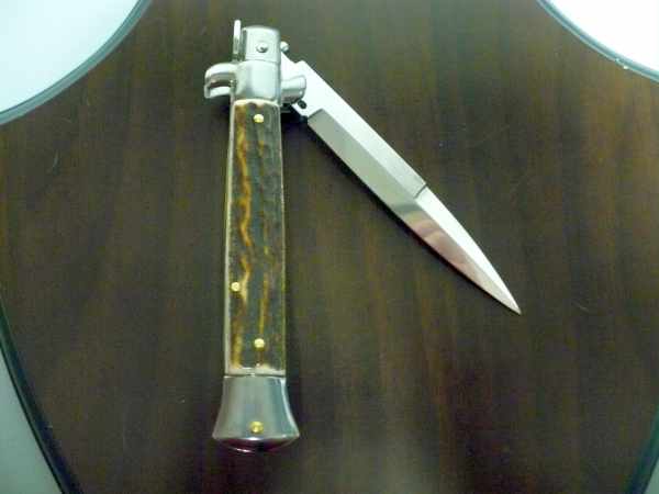Coltello a scatto - pugnale -Frank Beltrame - italian stiletto 23 cm- lama baionetta - corno di cervo / deer horn - FB 23/63B - 6