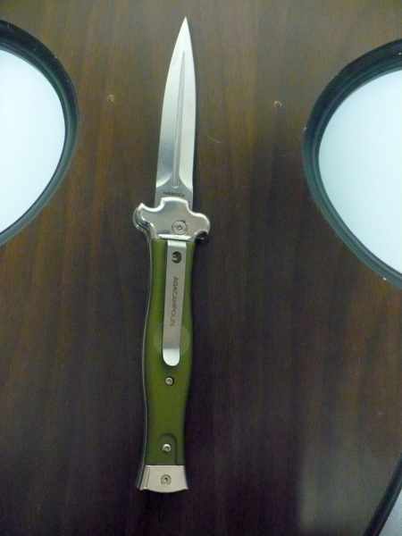 AGA Campolin Zero + Green - Satin Dagger , coltello a scatto, italian stiletto con leverlock 22cm