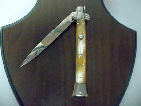 Frank Beltrame - italian stiletto, coltello a scatto, 28 cm -bufalo chiaro, lama baionetta FB 28/48B- 1