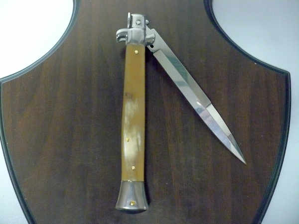 Frank Beltrame - italian stiletto, coltello a scatto, 28 cm -bufalo chiaro, lama baionetta FB 28/48B- 1