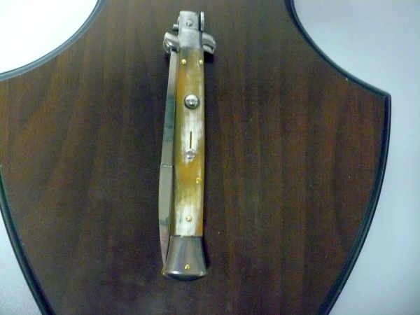 Frank Beltrame - italian stiletto, coltello a scatto, 28 cm -bufalo chiaro, lama baionetta FB 28/48B- 1