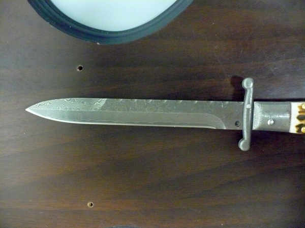 Classic swinguard - italian stiletto, coltello a scatto, 28cm - AKC World , lama damasco-dagger, corno di cervo / deer horn