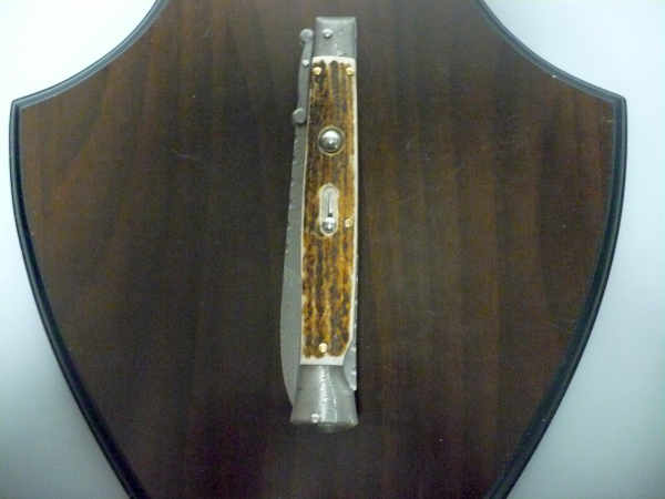 Classic swinguard - italian stiletto, coltello a scatto, 28cm - AKC World , lama damasco-dagger, corno di cervo / deer horn