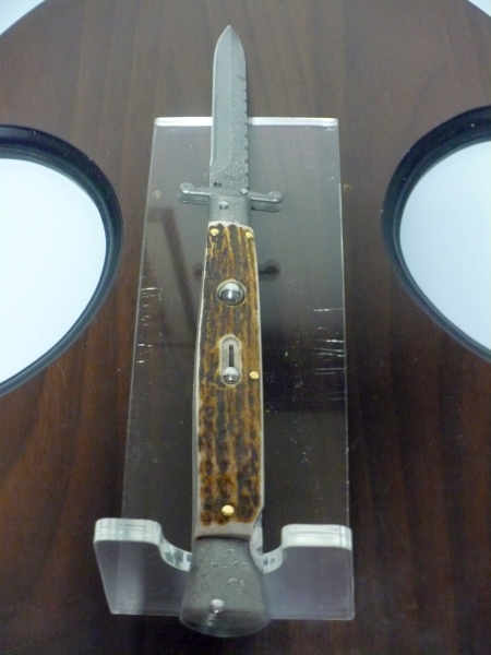 Classic swinguard - italian stiletto, coltello a scatto, 28cm - AKC World , lama damasco-dagger, corno di cervo / deer horn