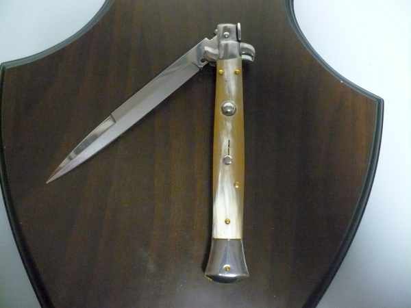 Frank Beltrame - italian stiletto, coltello a scatto, 28cm -bufalo chiaro, lama baionetta  FB 28/48B- 11