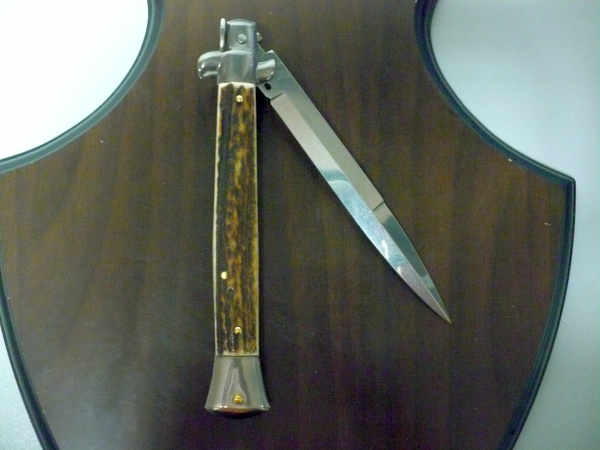 Coltello a scatto - pugnale -Frank Beltrame - italian stiletto 28 cm - corno di cervo / deer horn, lama baionetta- FB 28/63B- 11