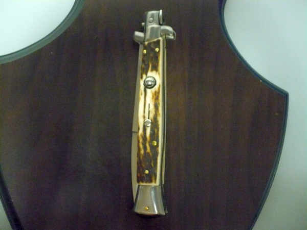 Coltello a scatto - pugnale -Frank Beltrame - italian stiletto 28 cm - corno di cervo / deer horn, lama baionetta- FB 28/63B- 11