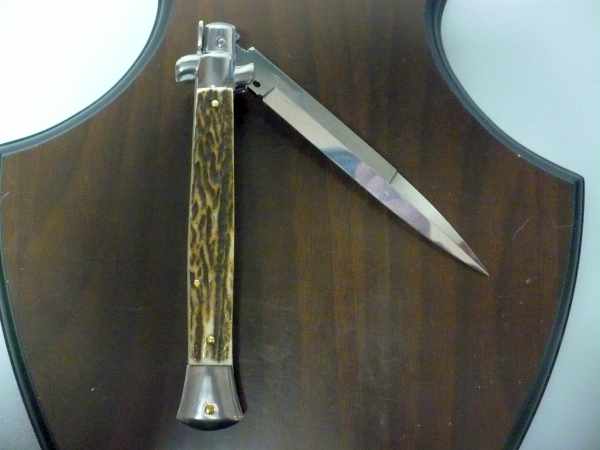 Coltello a scatto - pugnale -Frank Beltrame - italian stiletto 28 cm - corno di cervo / deer horn, lama baionetta -  FB 28/63B - 13