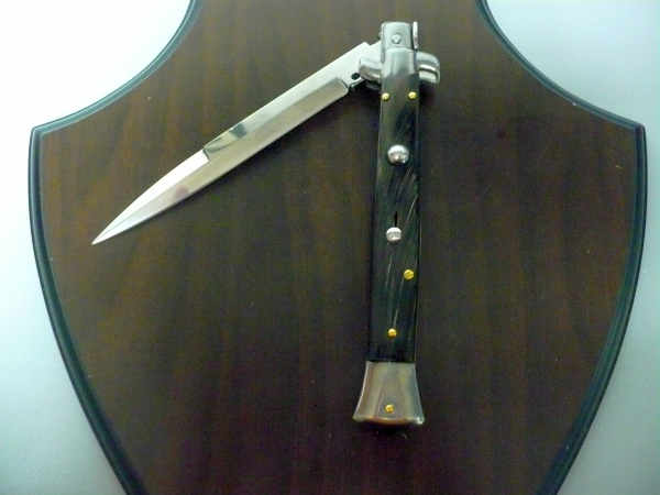 Frank Beltrame - italian stiletto, coltello a scatto, 28 cm -bufalo scuro, lama baionetta FB 28/58B- 19