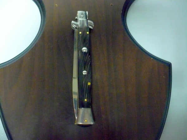 Frank Beltrame - italian stiletto, coltello a scatto, 28 cm -bufalo scuro, lama baionetta FB 28/58B- 19