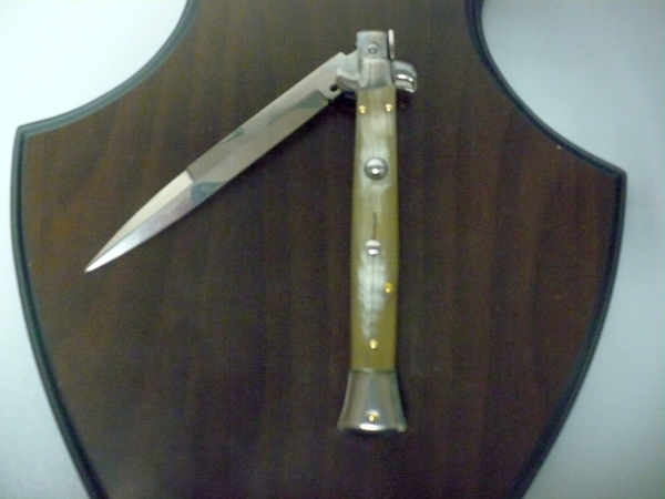 Frank Beltrame - italian stiletto, coltello a scatto, 28 cm -bufalo chiaro, lama baionetta FB 28/48B- 2