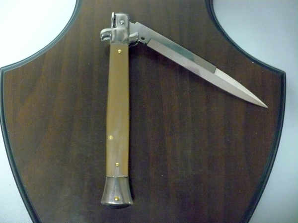 Frank Beltrame - italian stiletto, coltello a scatto, 28 cm -bufalo chiaro, lama baionetta FB 28/48B- 2