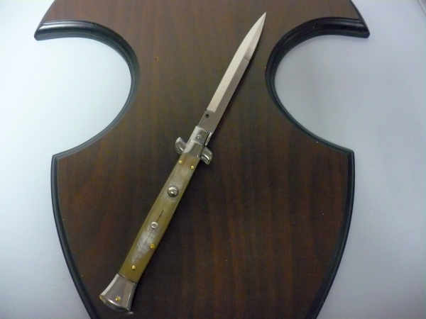 Frank Beltrame - italian stiletto, coltello a scatto, 28 cm -bufalo chiaro, lama baionetta FB 28/48B- 2