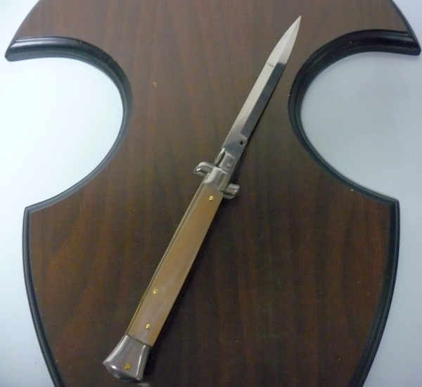 Frank Beltrame - italian stiletto, coltello a scatto, 28 cm -bufalo chiaro, lama baionetta FB 28/48B- 2