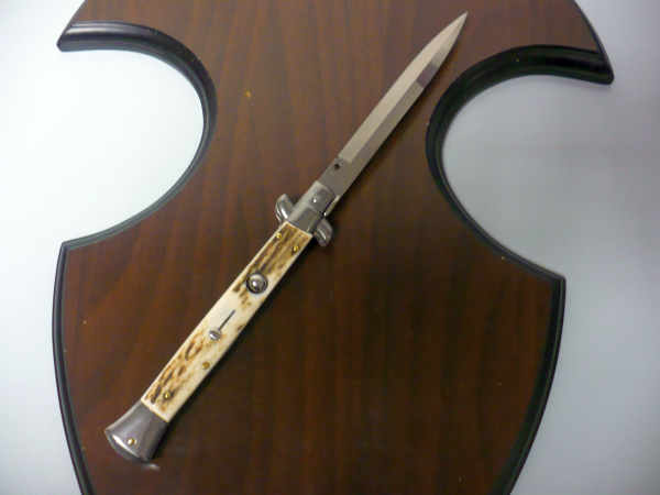 Coltello a scatto - pugnale -Frank Beltrame - italian stiletto 28 cm - corno di cervo / deer horn, lama baionetta -  FB 28/63B - 2