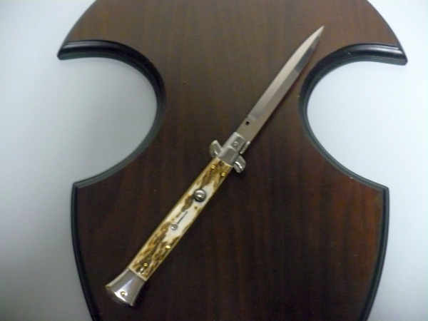 Coltello a scatto - pugnale -Frank Beltrame - italian stiletto 28 cm - corno di cervo / deer horn, lama baionetta -  FB 28/63B - 2
