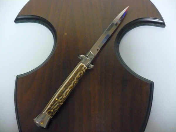 Coltello a scatto - pugnale -Frank Beltrame - italian stiletto 28 cm - corno di cervo / deer horn, lama baionetta -  FB 28/63B - 2