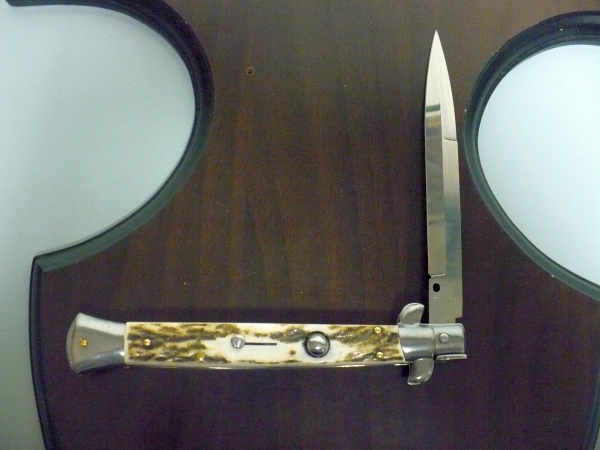 Coltello a scatto - pugnale -Frank Beltrame - italian stiletto 28 cm - corno di cervo / deer horn, lama baionetta -  FB 28/63B - 2