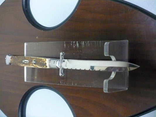 Classic swinguard - italian stiletto, coltello a scatto, 28cm - AKC World , lama lavorata a lima / file work, corno di cervo / deer horn