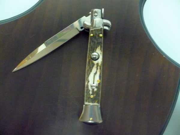 Coltello a scatto - pugnale -Frank Beltrame - italian stiletto 23 cm - lama baionetta - corno di cervo / deer horn -  FB 23/63B -10