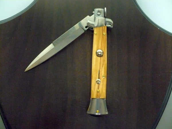 Frank Beltrame-23cm- coltello a scatto - pugnale -legno di olive / olive wood- lama baionetta modello FB 23/94B - 2
