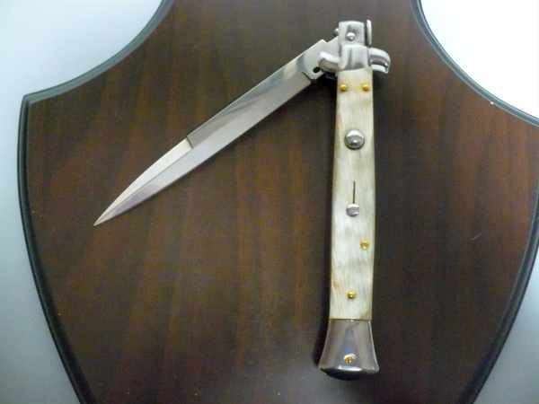 Frank Beltrame - italian stiletto, coltello a scatto, 28 cm -bufalo chiaro, lama baionetta FB 28/48B- 4