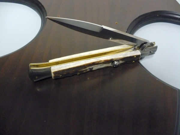 Coltello a scatto - pugnale -Frank Beltrame - italian stiletto 28 cm - corno di cervo / deer horn, lama baionetta -  FB 28/63B - 3