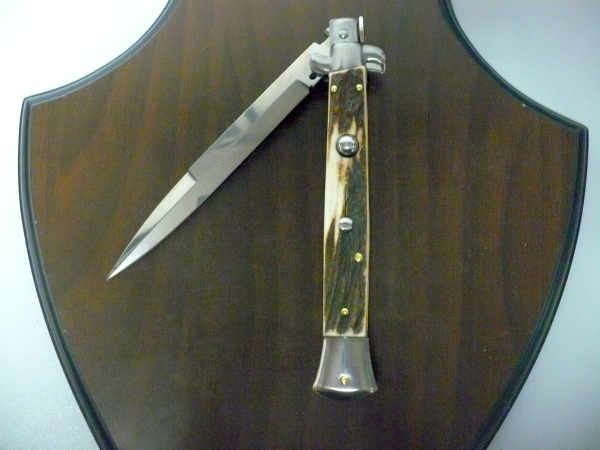 Coltello a scatto - pugnale -Frank Beltrame - italian stiletto 28 cm - corno di cervo / deer horn, lama dagger -  FB 28/63B - 1